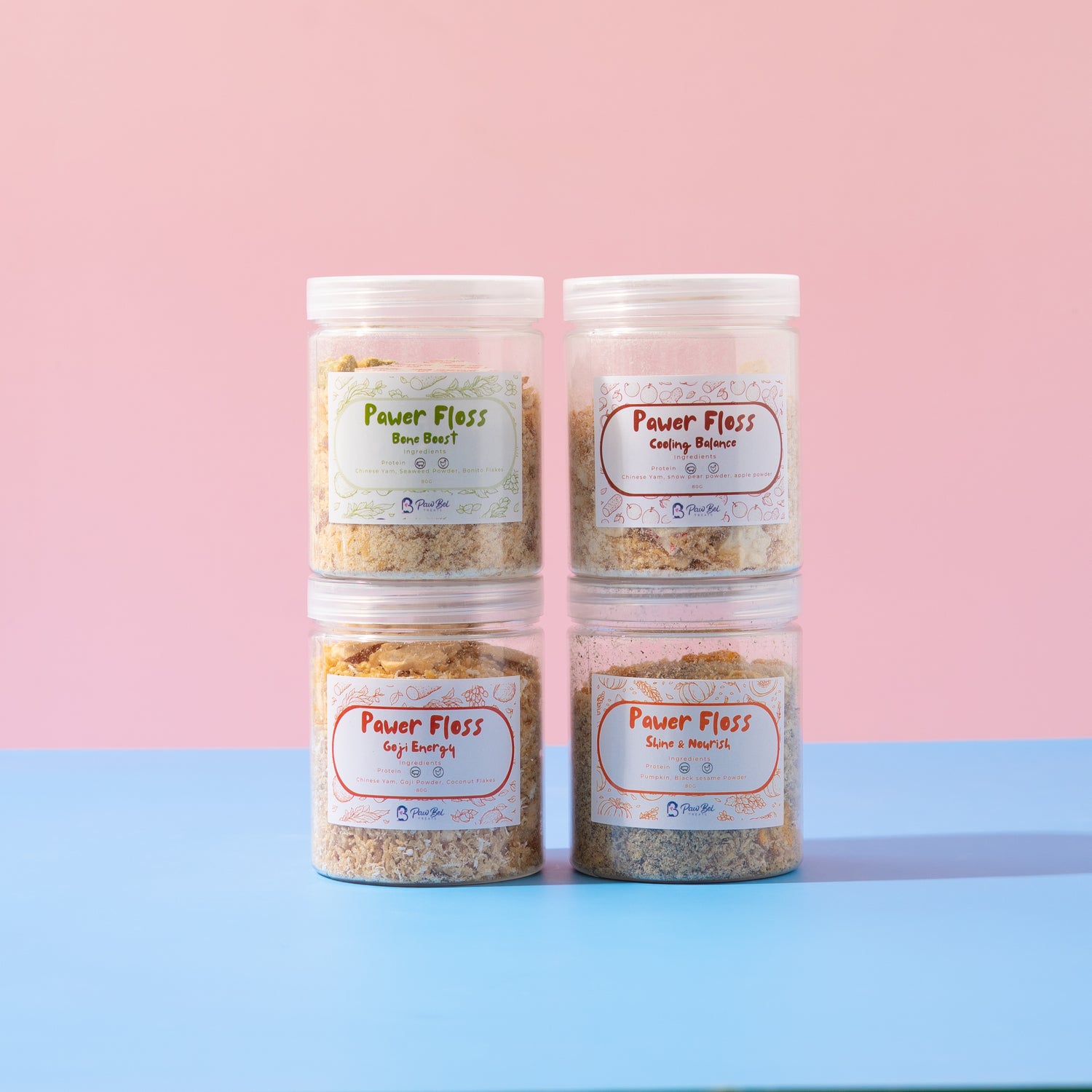 Four jars of Power Floss on a pink and blue gradient background