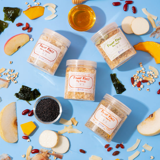 Jars of 'Power Flax' products on a blue background with various food items.