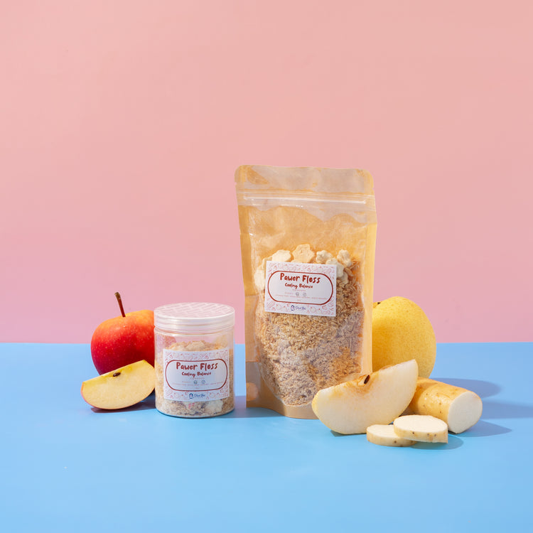 Packaged food product with apples on a blue and pink gradient background
