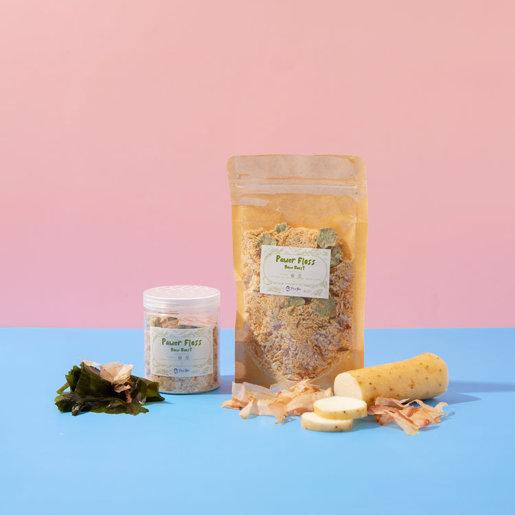 Packaged food items on a blue and pink gradient background