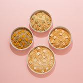 Four bowls of different types of pet food on a pink background